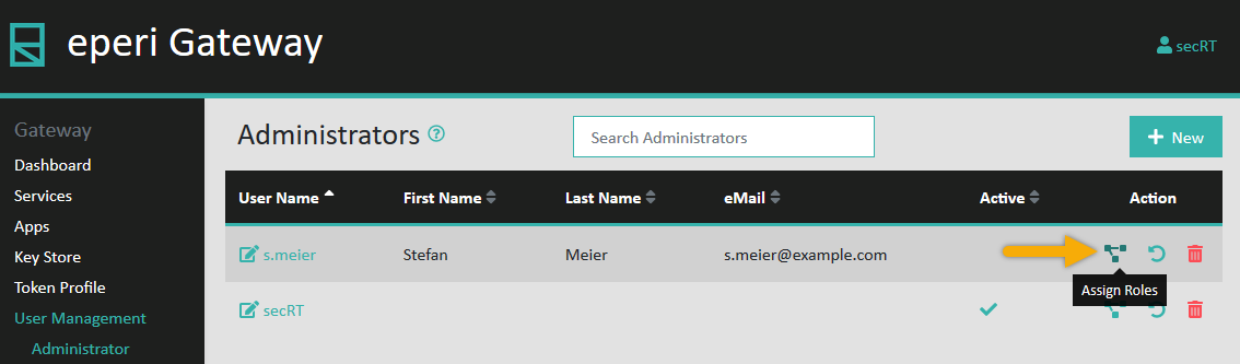 Administrators page - Assign Roles action