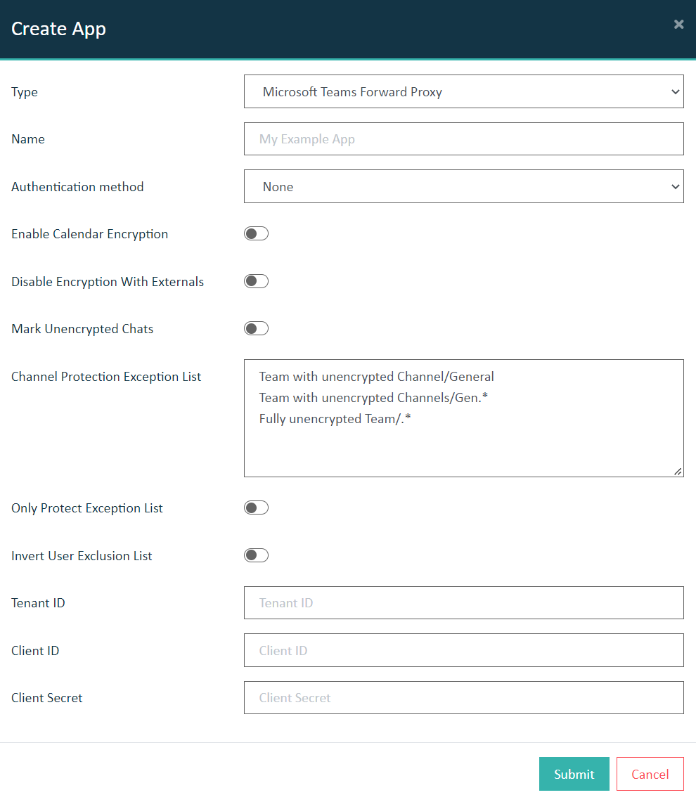 Microsoft Teams Forward Proxy App settings