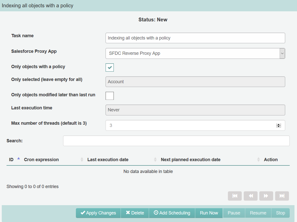 New Indexing Task created