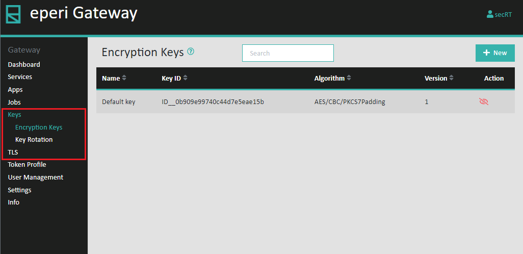 Admin Console - Keys tab