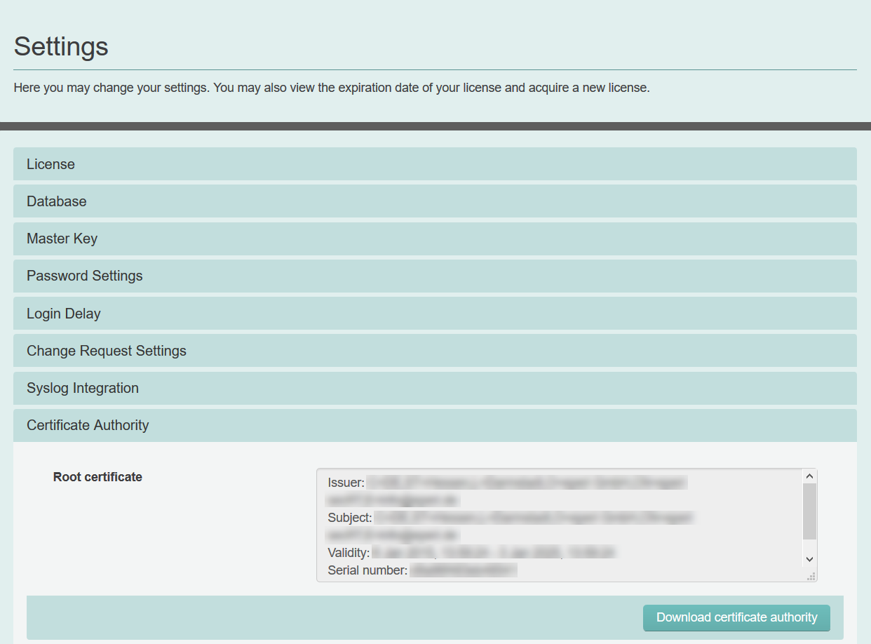 Certificate Authority settings