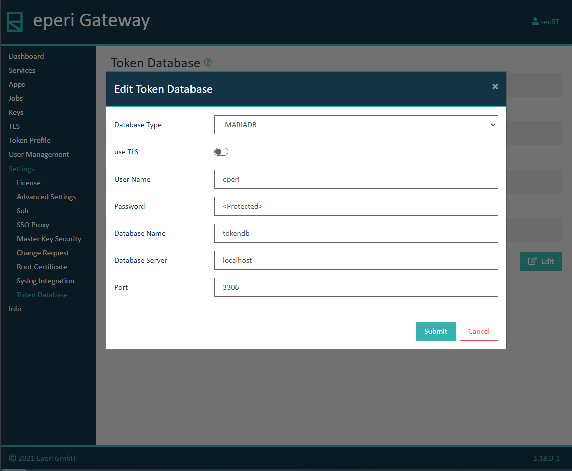 Connection details of token database