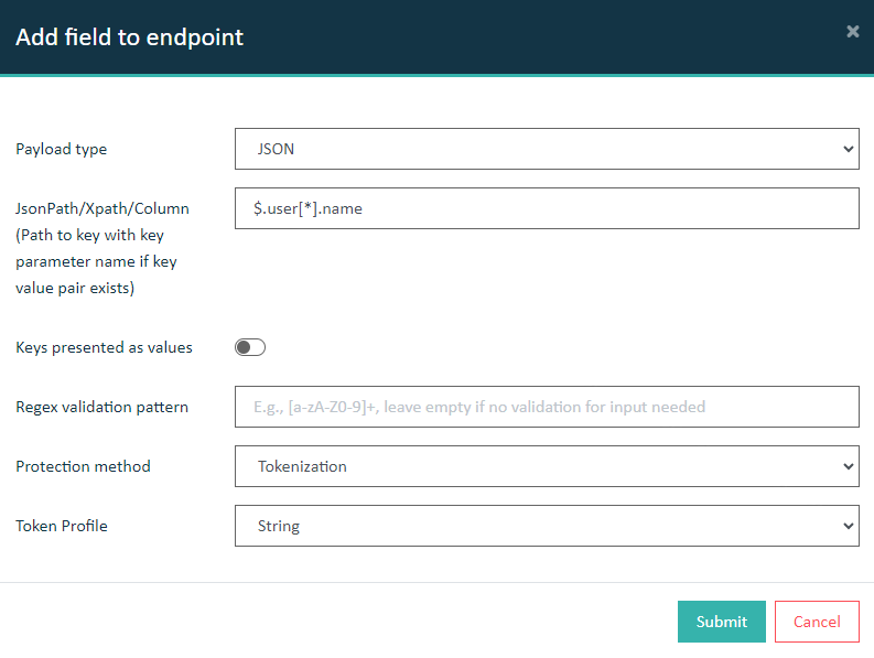 Details for endpoint configuration with tokenization