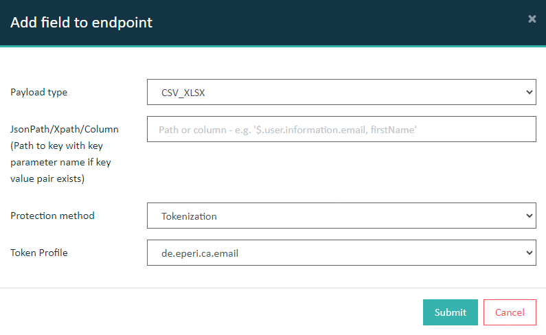 Details for endpoint configuration for CSV Field Tokenization