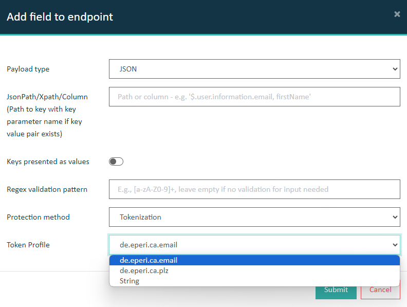 Details for endpoint configuration with tokenization"