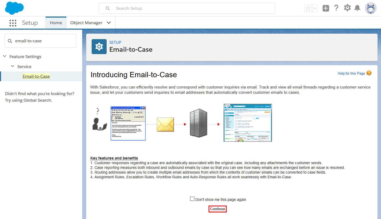 Email-to-Case initial page
