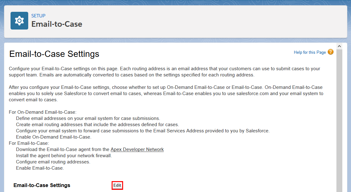 Email-to-Case settings overview page