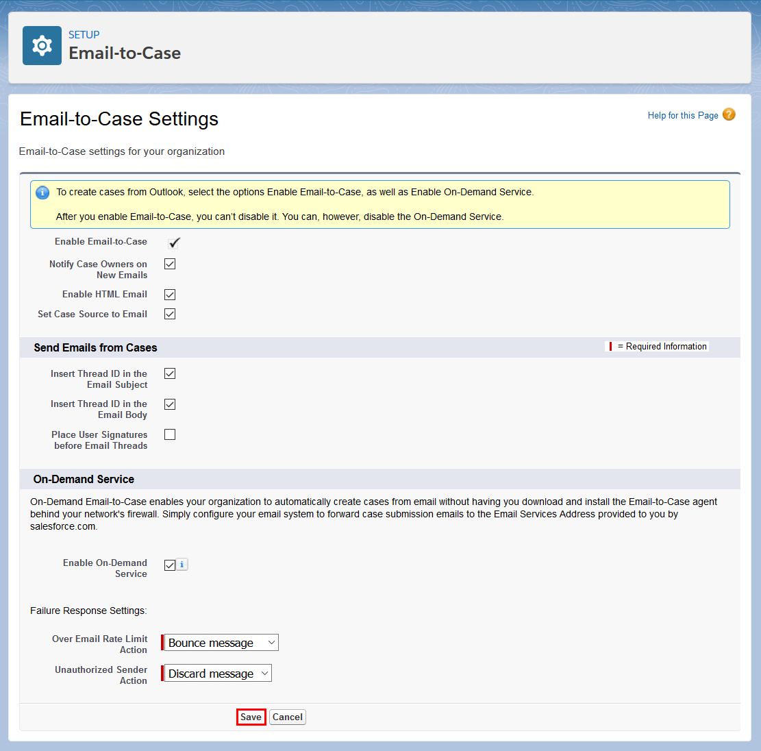 Email-to-Case settings page