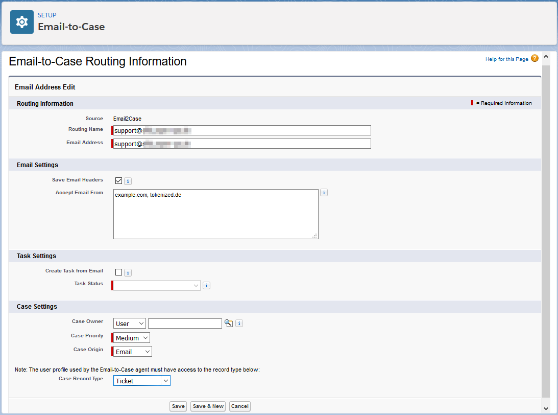 Email-to-Case Routing Information page