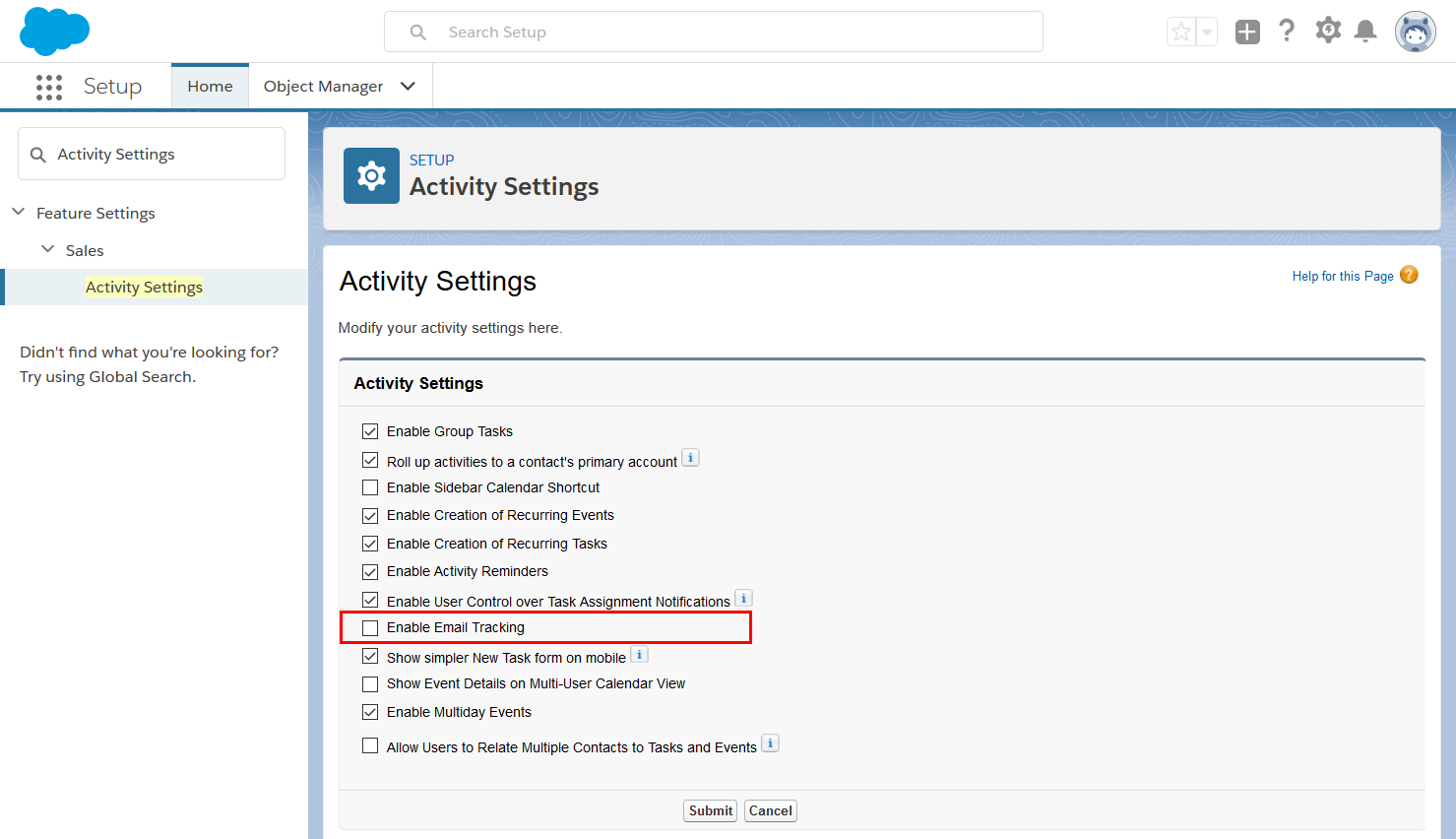 Uncheck Email Tracking in Activity Settings