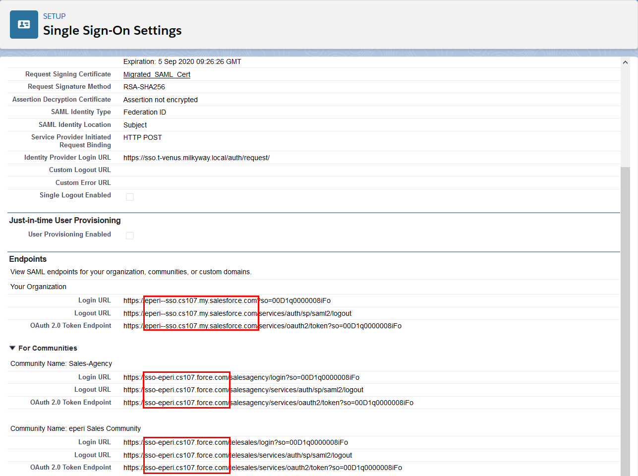 Salesforce Single Sign-On Settings - View SAML endpoints
