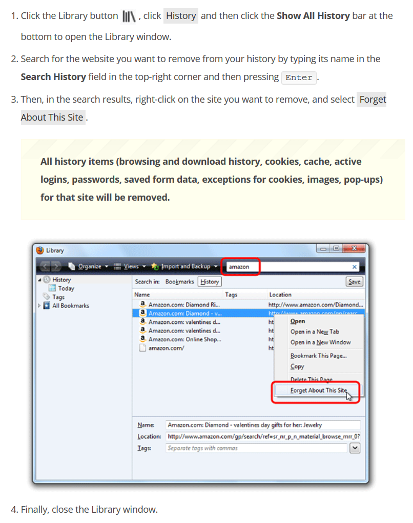 How to remove a single website from the Firefox history